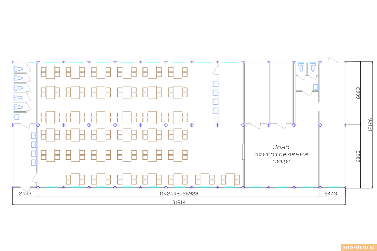 Планировка модульной столовой на 150 мест